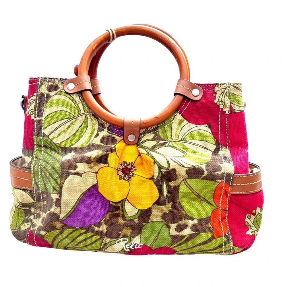 Relic Floral Canvas Satchel Purse Wood Handle Pockets Faux Leather Trim Zip Snap